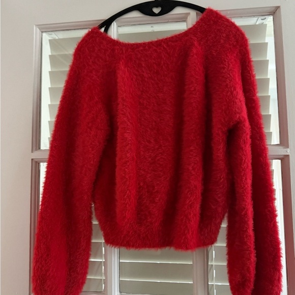 Bebe Cherry Red Crew Neck Sweater Fuzzy Knit - Picture 2 of 3